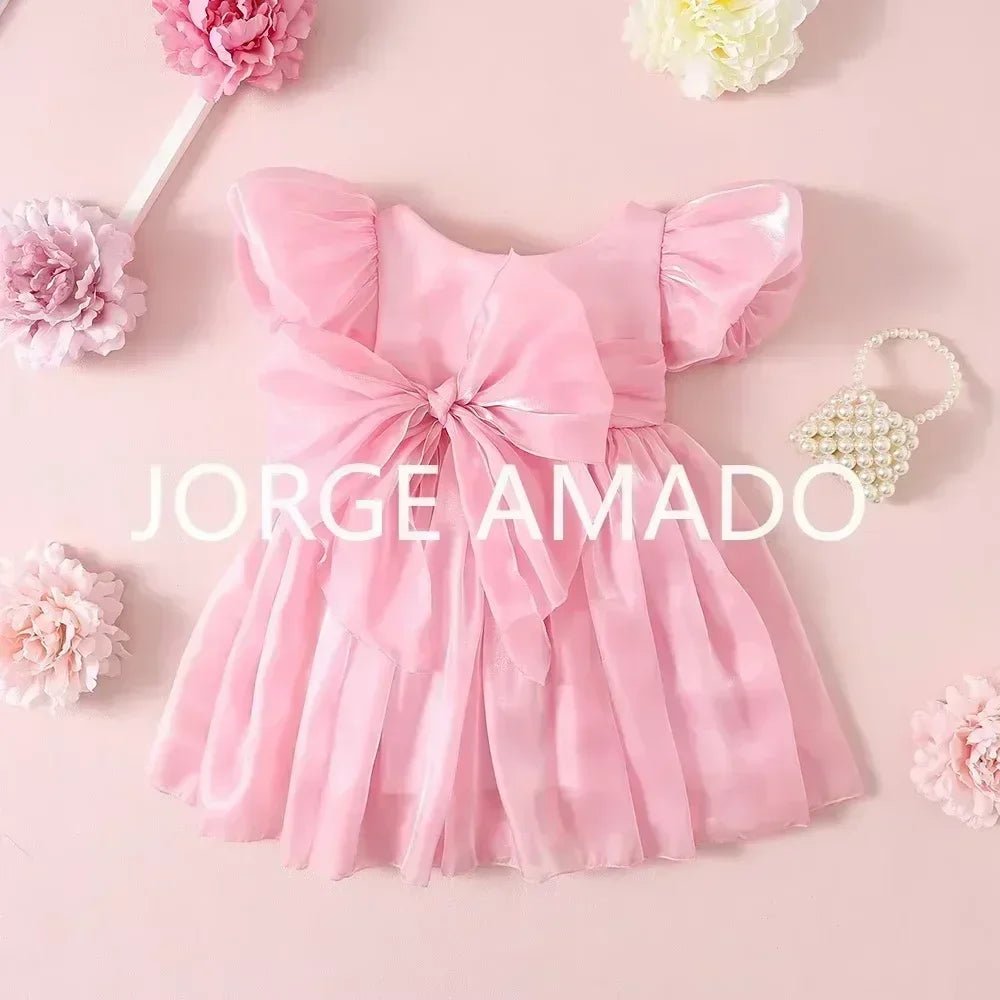 Baby Girl Summer Dress Short Puff Sleeves Large Bow Solid Round Neck Backless Princess Dresses Twins Daughter Clothing H0404 - PratSN