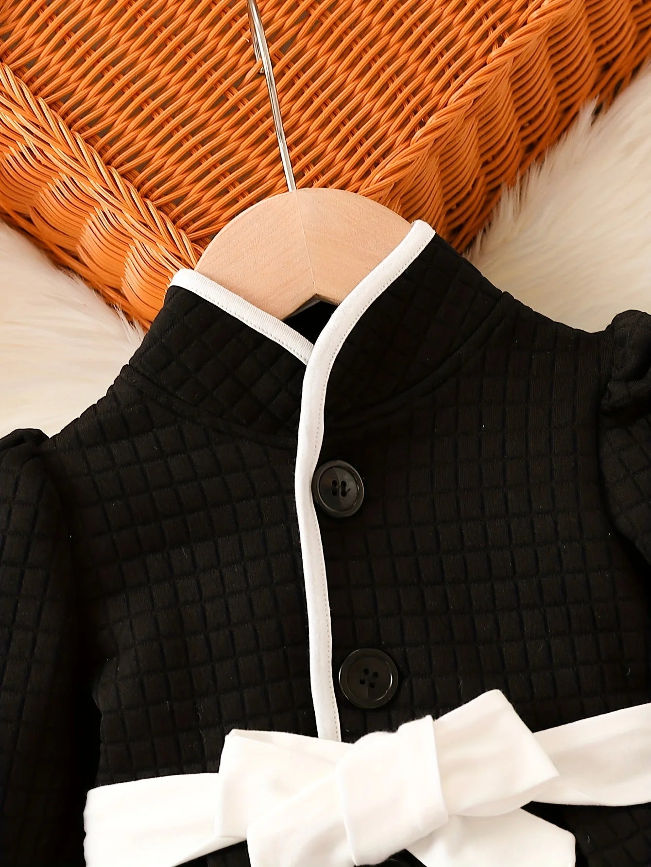 Baby Girls Fashion Autumn And Winter Thermal Belted Dress Set Princess Coat Classic Black And White Color Contrast Cardigan - PratSN