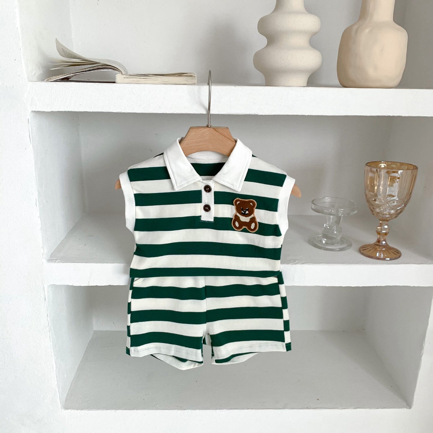 Baby Western Style Striped Lapel Bear Vest Shorts Set - PratSN