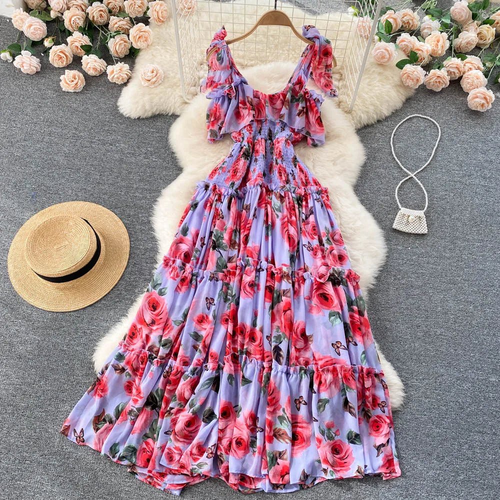 Beach Dress Women's Slimming Seaside Vacation Style Over - the - Knee Pleated Super Fairy Chiffon Printed Premium Casual Dress - PratSN
