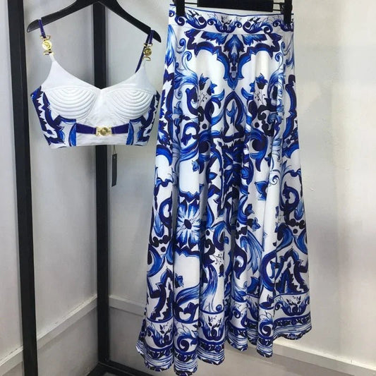 Beach Holiday Two Piece Set Fashion Trendy Spaghetti Strap Gold Button Crop Top And Long Skirt Suits Summer Bohemain Print Set - PratSN