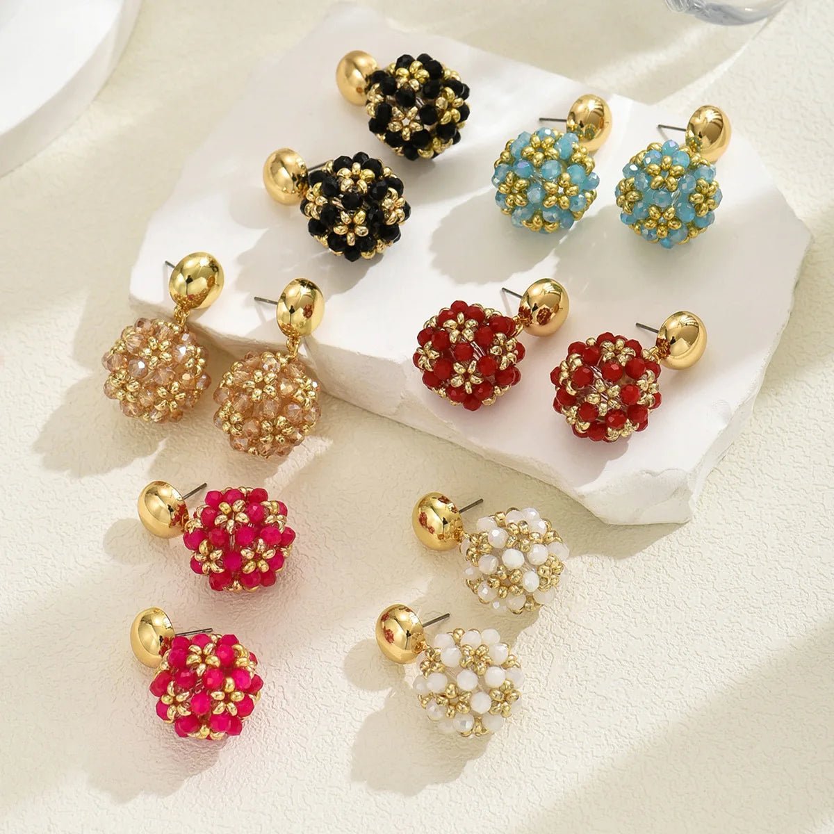 Beaded earrings Flower ball Crystal Bohemia Creativity Hand weaving Alloy Female Trend Simplicity Rice bead earrings - PratSN