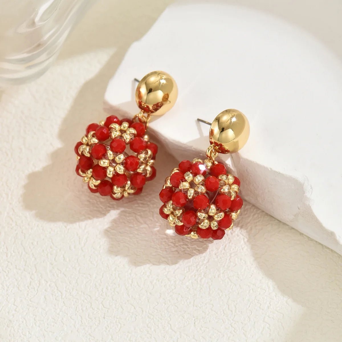 Beaded earrings Flower ball Crystal Bohemia Creativity Hand weaving Alloy Female Trend Simplicity Rice bead earrings - PratSN