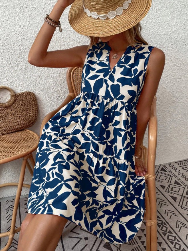 Bohemian Dresses Summer Beach Fashion Loose V - neck Pleated Print Sleeveless Dress For Women - PratSN