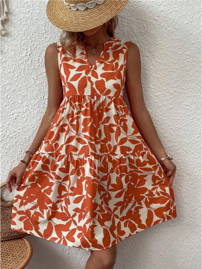 Bohemian Dresses Summer Beach Fashion Loose V - neck Pleated Print Sleeveless Dress For Women - PratSN