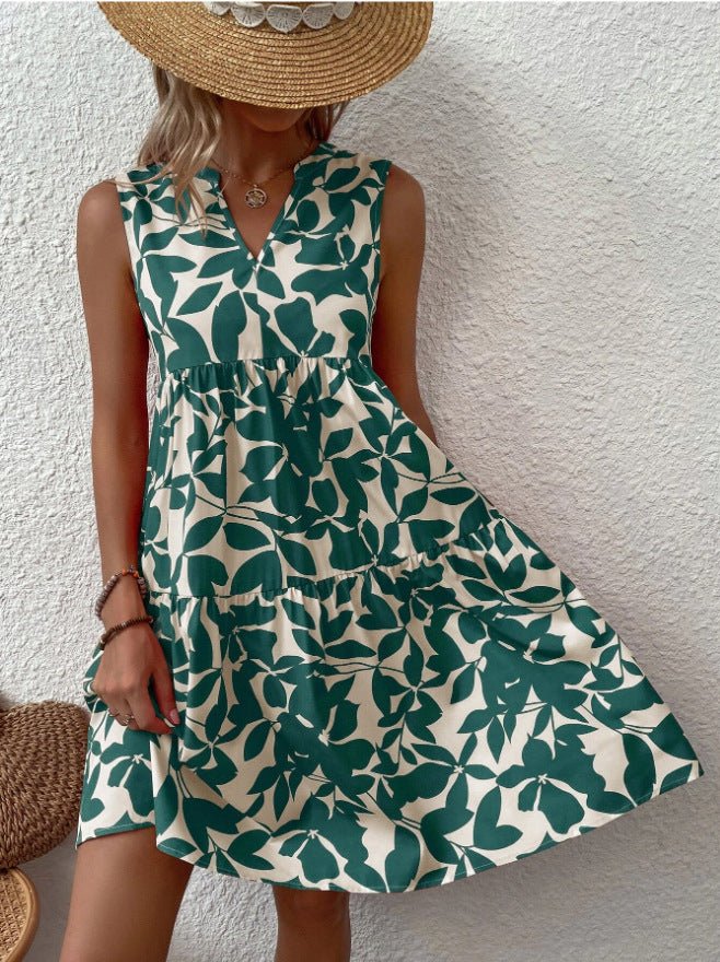 Bohemian Dresses Summer Beach Fashion Loose V - neck Pleated Print Sleeveless Dress For Women - PratSN