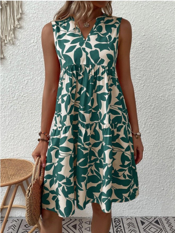 Bohemian Dresses Summer Beach Fashion Loose V - neck Pleated Print Sleeveless Dress For Women - PratSN