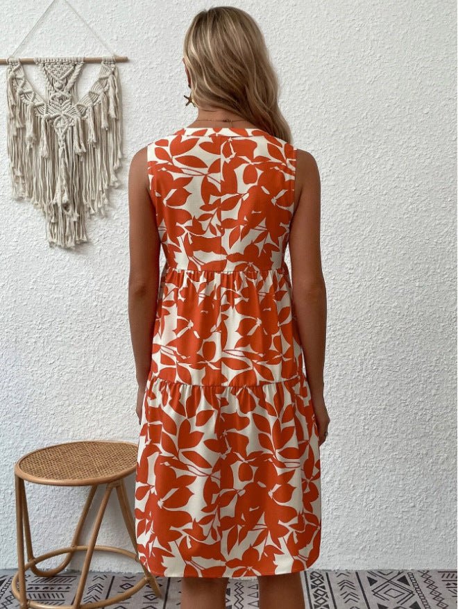 Bohemian Dresses Summer Beach Fashion Loose V - neck Pleated Print Sleeveless Dress For Women - PratSN