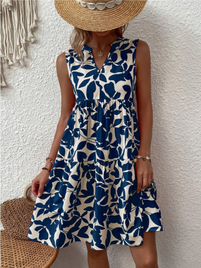 Bohemian Dresses Summer Beach Fashion Loose V - neck Pleated Print Sleeveless Dress For Women - PratSN