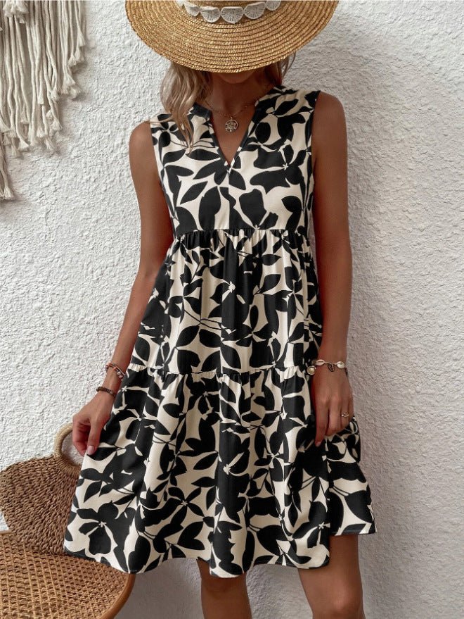 Bohemian Dresses Summer Beach Fashion Loose V - neck Pleated Print Sleeveless Dress For Women - PratSN