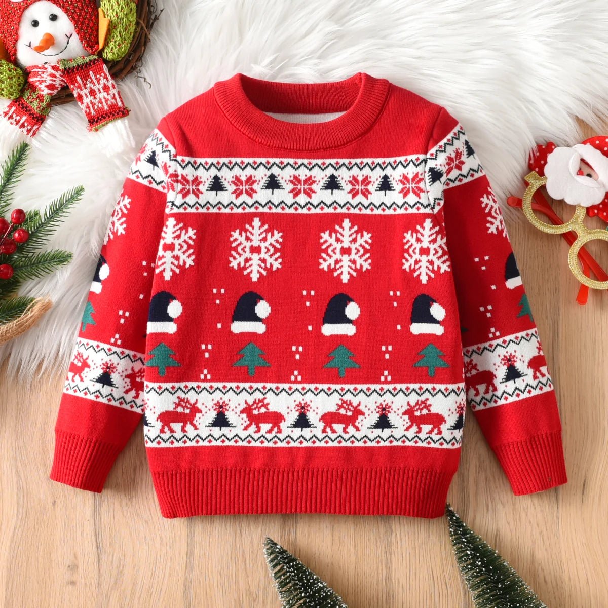 Boys and girls Christmas hats, snowflake reindeer sweaters, pullovers suitable for parties, leisure, spring, autumn, winter - PratSN