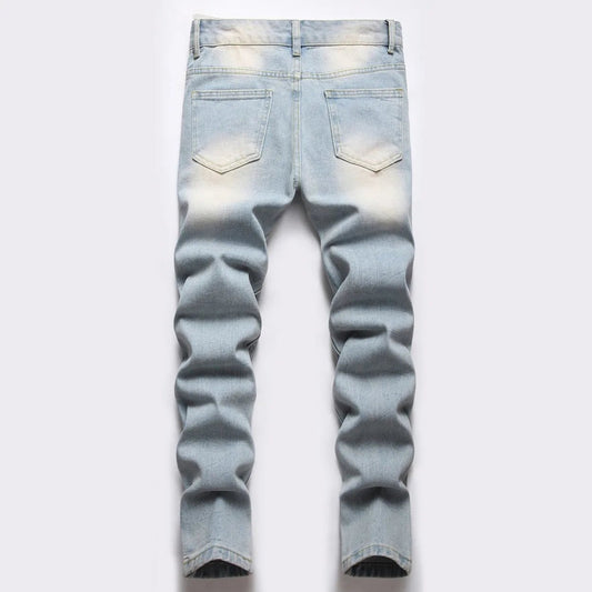 Boys' Light Blue Retro Straight - leg Ripped Jeans Children Washed Distressed Stretch Denim Trousers Big Kids Casual Pants 5 - 16y - PratSN