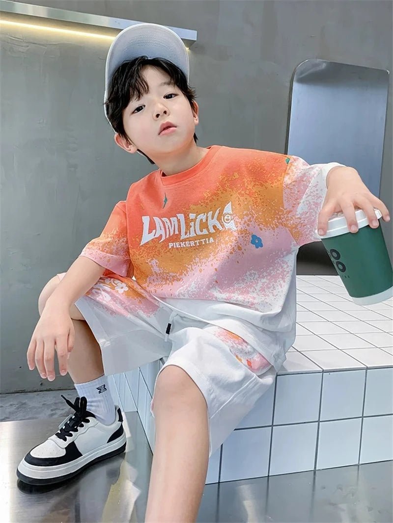 Boys Loose Casual Sets Summer Teen Gradient T-shirts+Shorts 2Pcs Big Kids Sport Short Sleeve Clothes Suits Children Print Outfit - PratSN