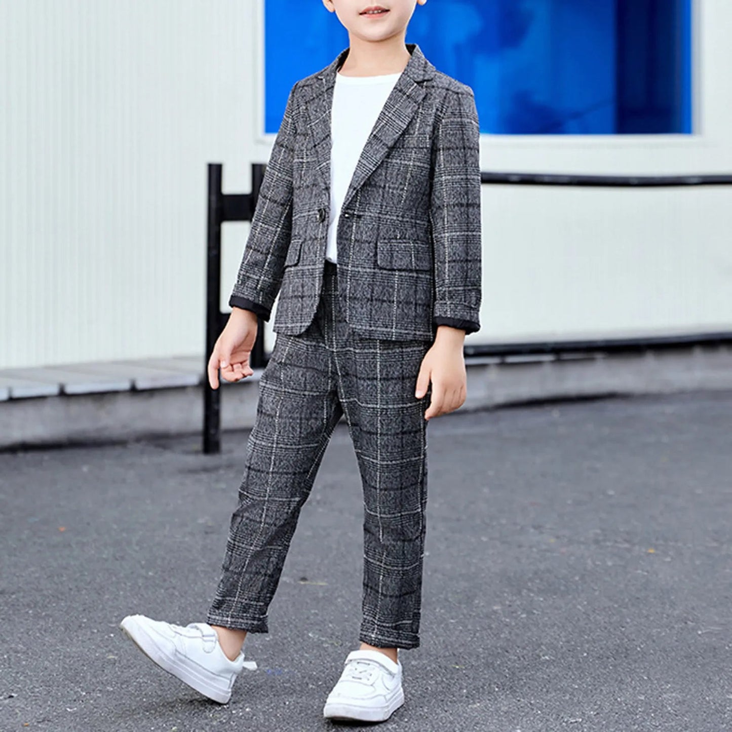 Boys Plaid Slim Fit Casual Suits Set Child Spring Autumn Performance Piano Photography Costume Kids Blazer Pants Outfit - PratSN