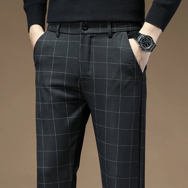 Brand Clothing 2024 Autumn Thick Style Plaid Work Stretch Pants Men Business Fashion Slim Grey Party Casual Pant Trousers Male - PratSN