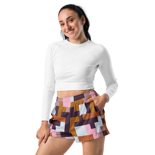 Brown Pink White Women’s Recycled Athletic Shorts - Eco - Friendly Activewear - PratSN