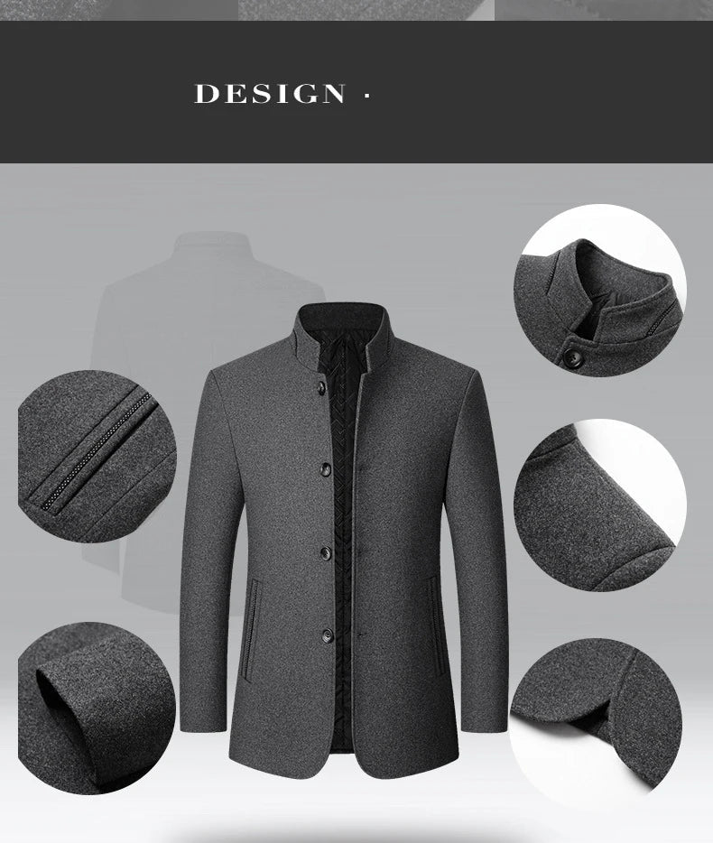 BROWON Brand Winter Coat Men Chinese Style Stand Collar Solid Coats for Men 2025 Autumn and Winter Business Casual Woolen Jacket - PratSN