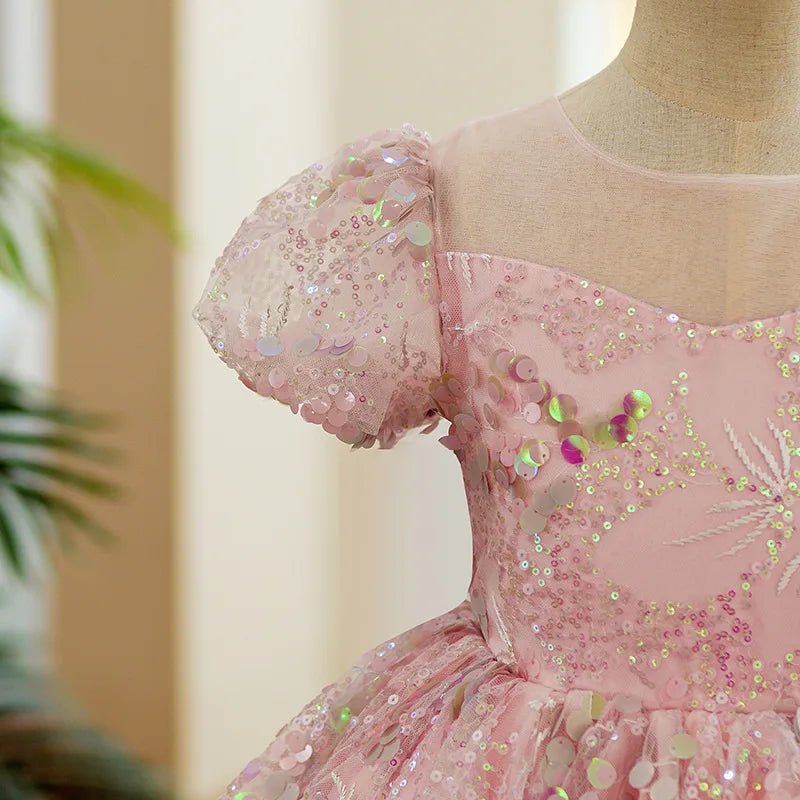 Bubble Sleeves Sequin Girls Dress Pink Sweet Clothing Elegant Evening Girl Dresses Birthday Prom Vestidos for Children Baby - PratSN