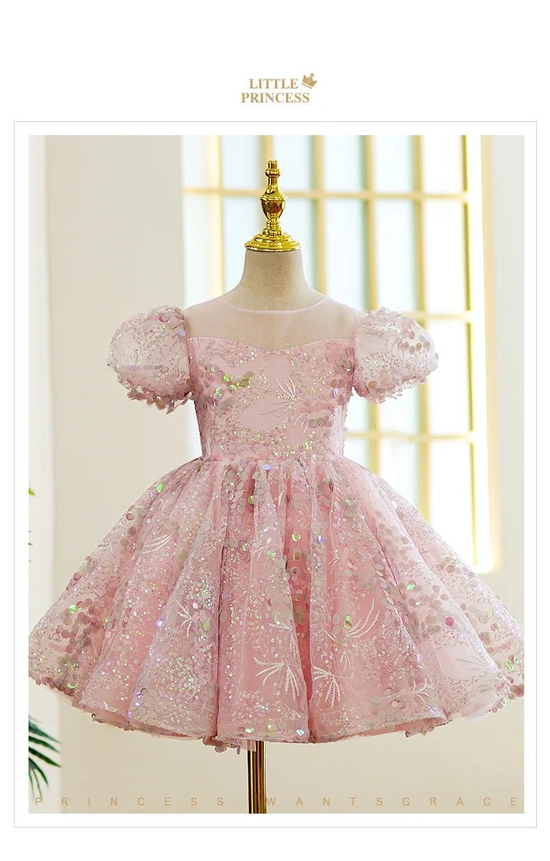 Bubble Sleeves Sequin Girls Dress Pink Sweet Clothing Elegant Evening Girl Dresses Birthday Prom Vestidos for Children Baby - PratSN