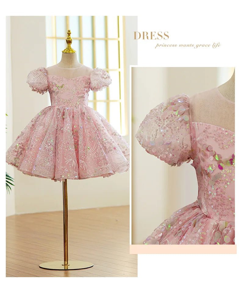 Bubble Sleeves Sequin Girls Dress Pink Sweet Clothing Elegant Evening Girl Dresses Birthday Prom Vestidos for Children Baby - PratSN