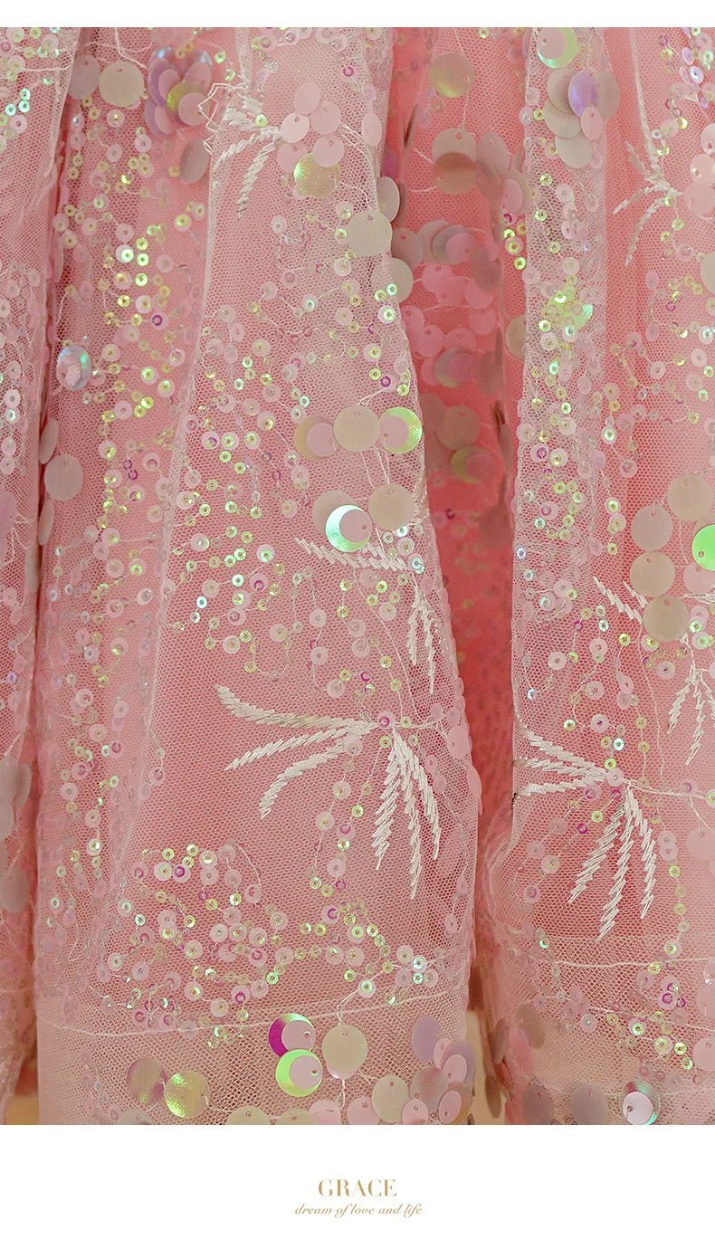 Bubble Sleeves Sequin Girls Dress Pink Sweet Clothing Elegant Evening Girl Dresses Birthday Prom Vestidos for Children Baby - PratSN