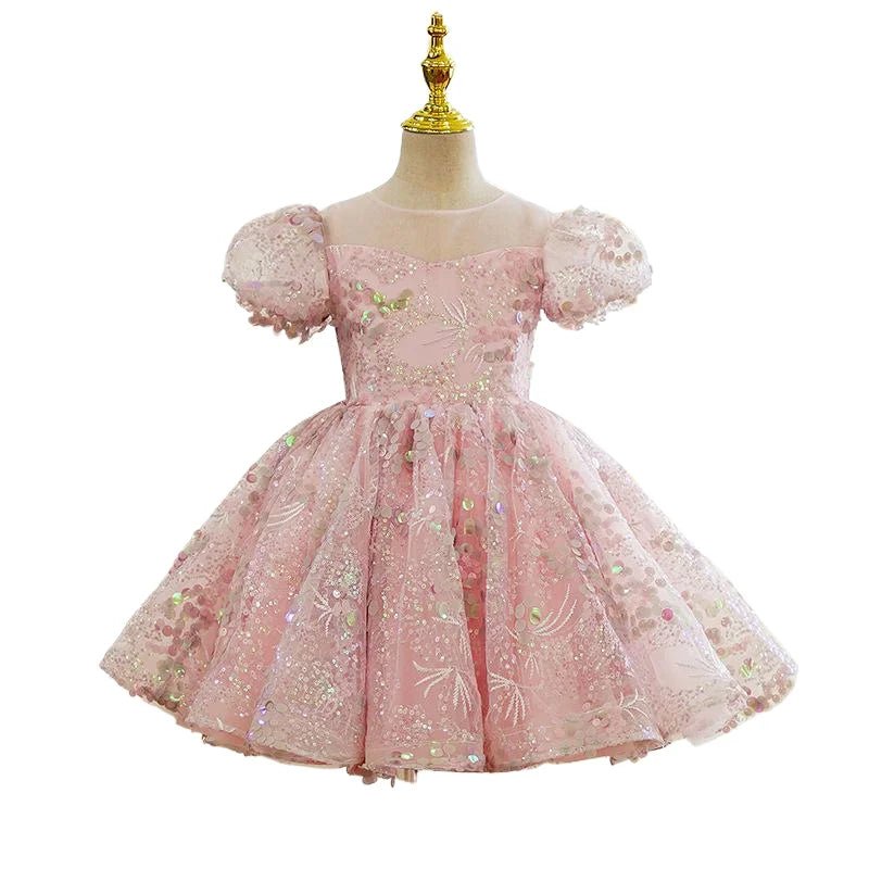 Bubble Sleeves Sequin Girls Dress Pink Sweet Clothing Elegant Evening Girl Dresses Birthday Prom Vestidos for Children Baby - PratSN