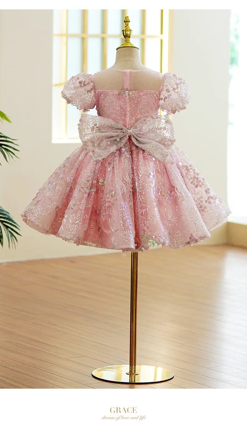 Bubble Sleeves Sequin Girls Dress Pink Sweet Clothing Elegant Evening Girl Dresses Birthday Prom Vestidos for Children Baby - PratSN