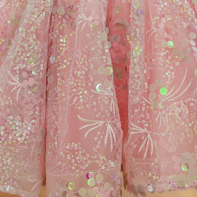 Bubble Sleeves Sequin Girls Dress Pink Sweet Clothing Elegant Evening Girl Dresses Birthday Prom Vestidos for Children Baby - PratSN