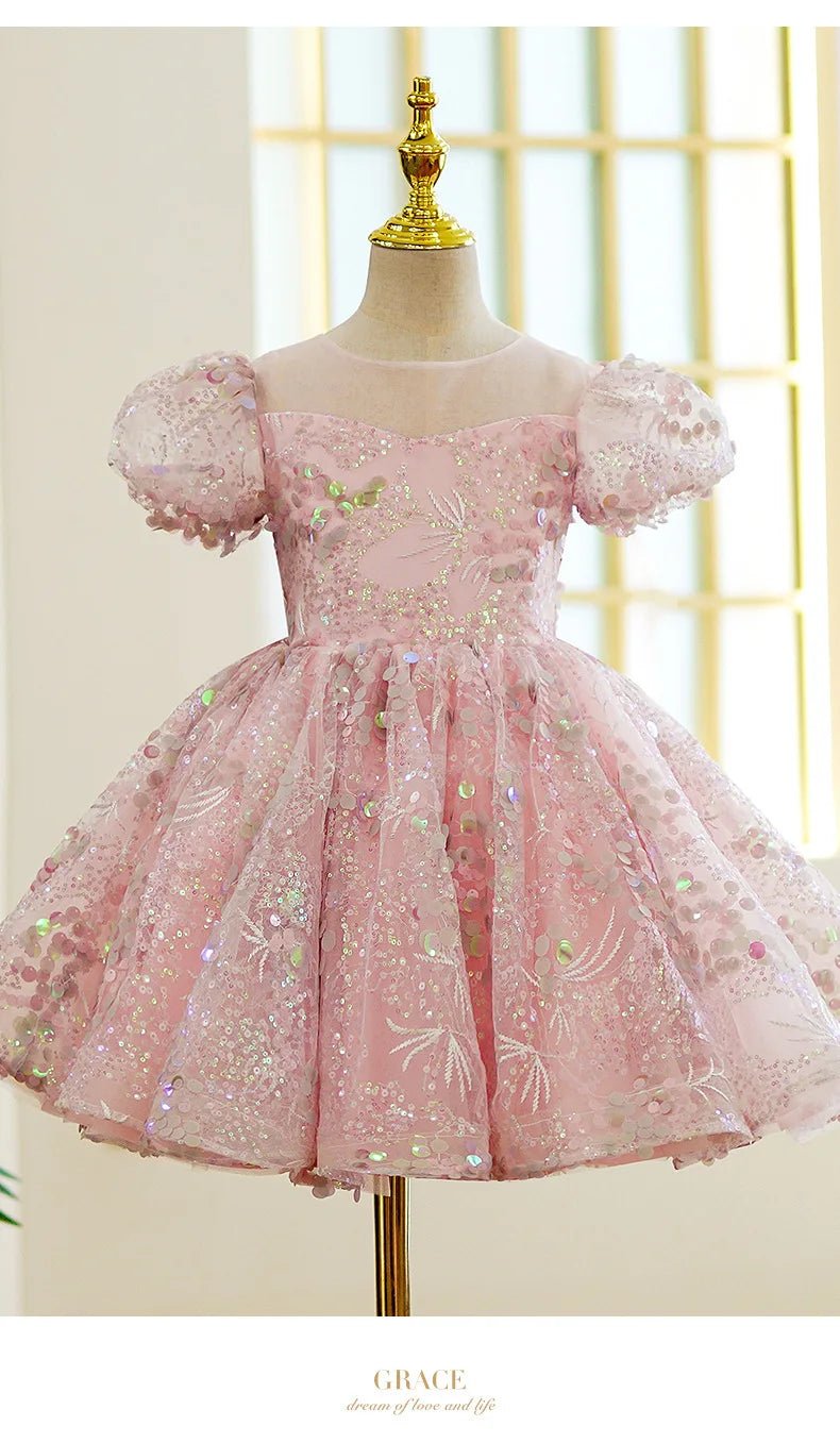 Bubble Sleeves Sequin Girls Dress Pink Sweet Clothing Elegant Evening Girl Dresses Birthday Prom Vestidos for Children Baby - PratSN