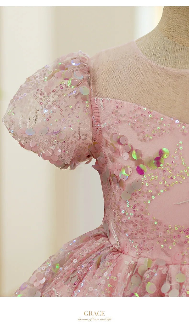 Bubble Sleeves Sequin Girls Dress Pink Sweet Clothing Elegant Evening Girl Dresses Birthday Prom Vestidos for Children Baby - PratSN