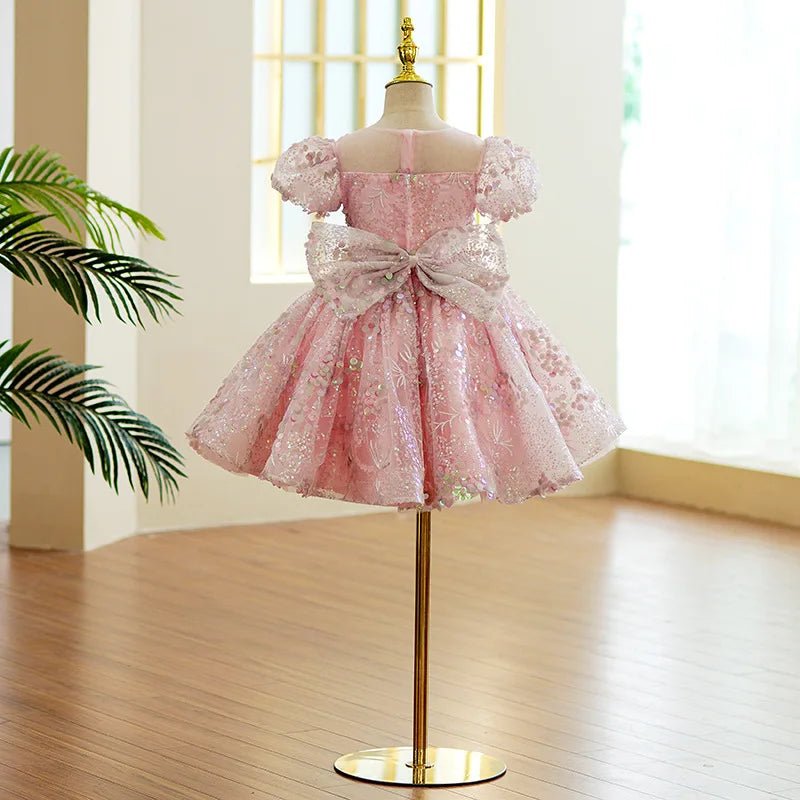 Bubble Sleeves Sequin Girls Dress Pink Sweet Clothing Elegant Evening Girl Dresses Birthday Prom Vestidos for Children Baby - PratSN