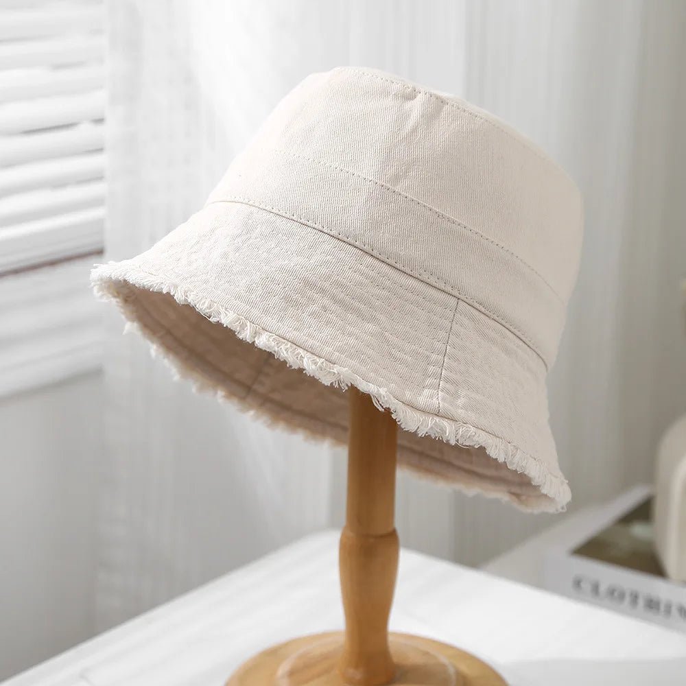 Bucket Hat Women Spring Summer Cloth Tassel Brim Flat Top Sun Hat Women Outdoor Sunshade Solid Foldable Casual New - PratSN