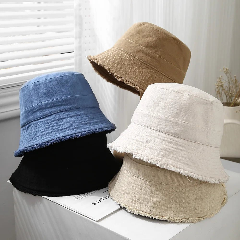 Bucket Hat Women Spring Summer Cloth Tassel Brim Flat Top Sun Hat Women Outdoor Sunshade Solid Foldable Casual New - PratSN