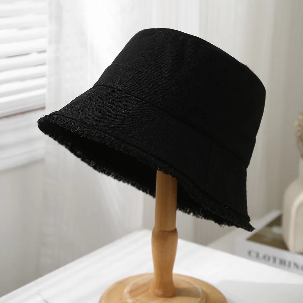 Bucket Hat Women Spring Summer Cloth Tassel Brim Flat Top Sun Hat Women Outdoor Sunshade Solid Foldable Casual New - PratSN