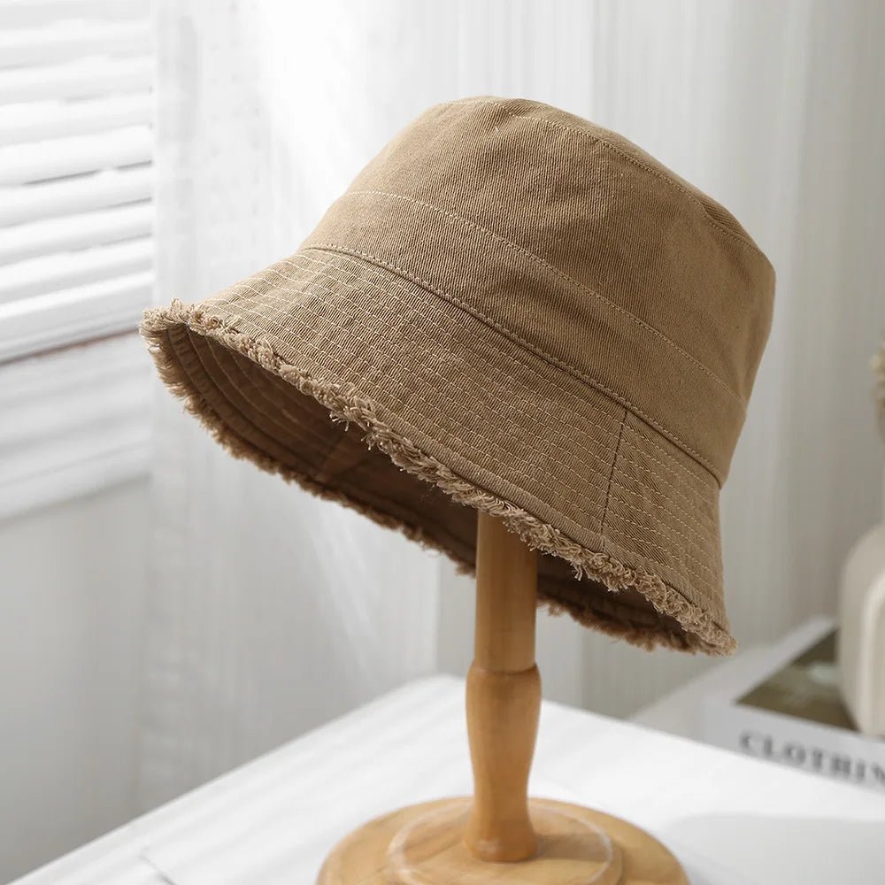 Bucket Hat Women Spring Summer Cloth Tassel Brim Flat Top Sun Hat Women Outdoor Sunshade Solid Foldable Casual New - PratSN