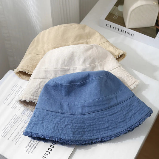 Bucket Hat Women Spring Summer Cloth Tassel Brim Flat Top Sun Hat Women Outdoor Sunshade Solid Foldable Casual New - PratSN