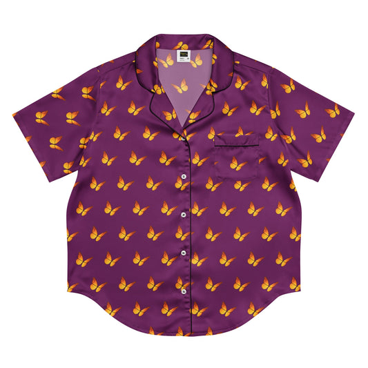 Butterfly print orange and purple all - over print women’s short sleeve pajama top - PratSN