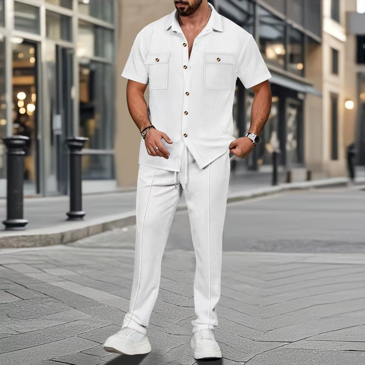 Buttons Pocket Shirt Short Sleeve Trousers Two - piece Set - PratSN