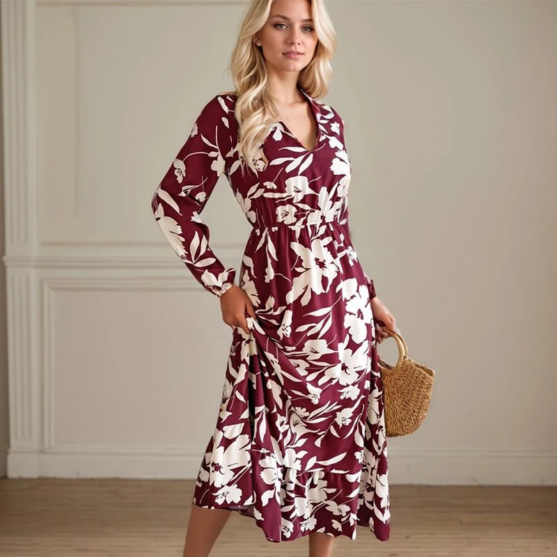 Casual Flower Waist Dress For Women Elegant V Neck Floral Print Long Sleeves High Tight Waist A - line Flowy Ruffle Hem Midi Dress - PratSN