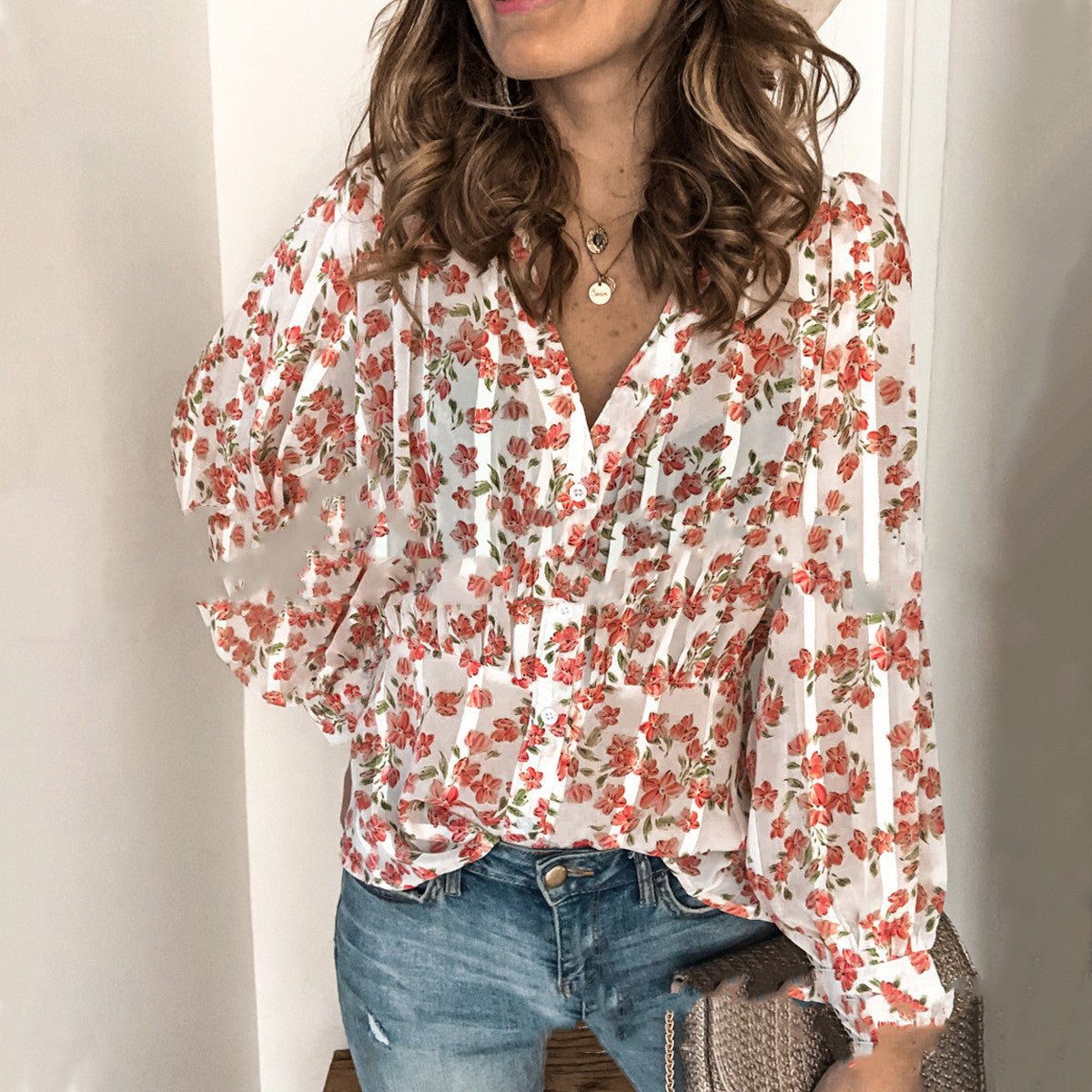 Casual Printed Button Long Sleeved Ladies Shirt - PratSN