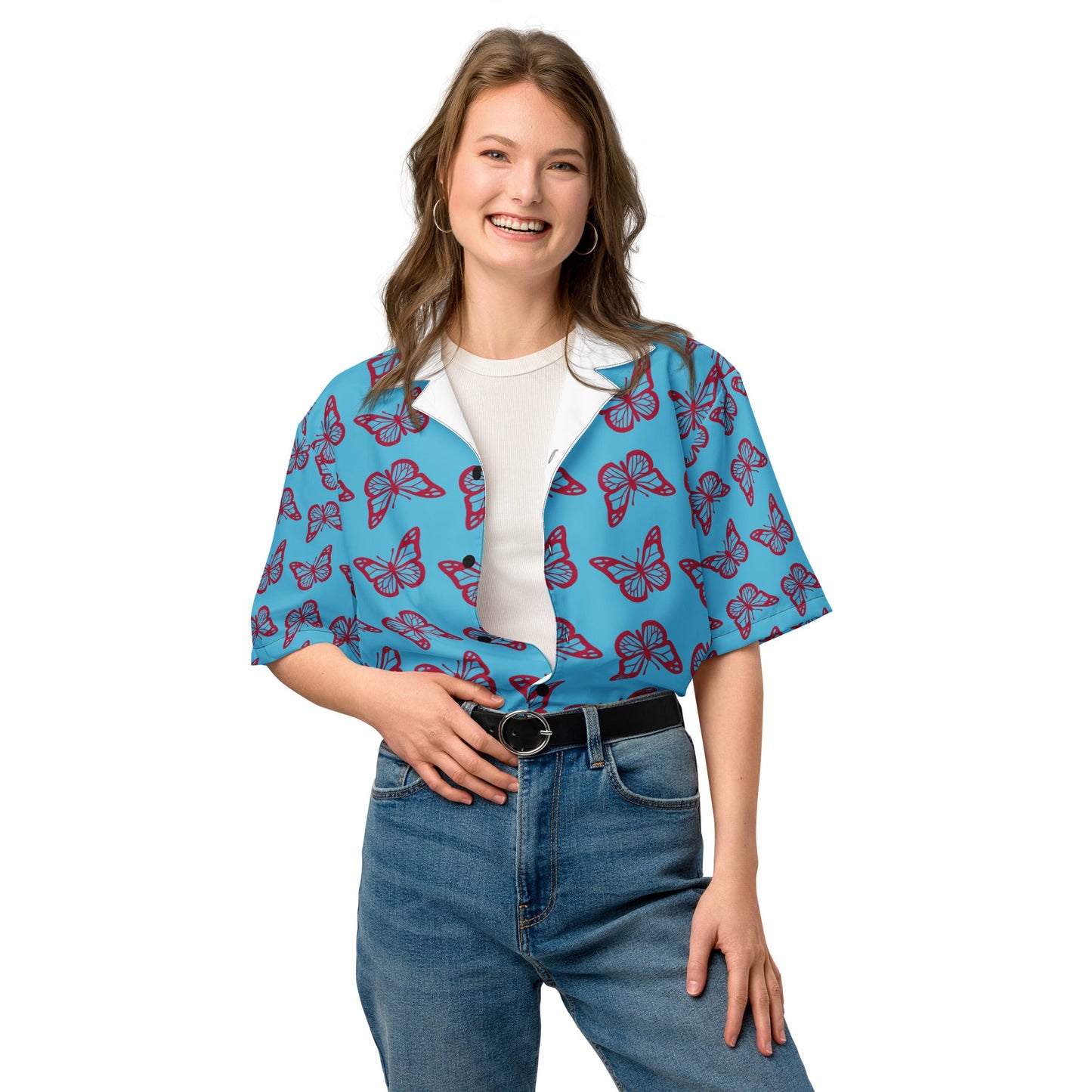 Casual Summer Shirt in sky Blue - Unisex butterfly Floral Button Down - PratSN