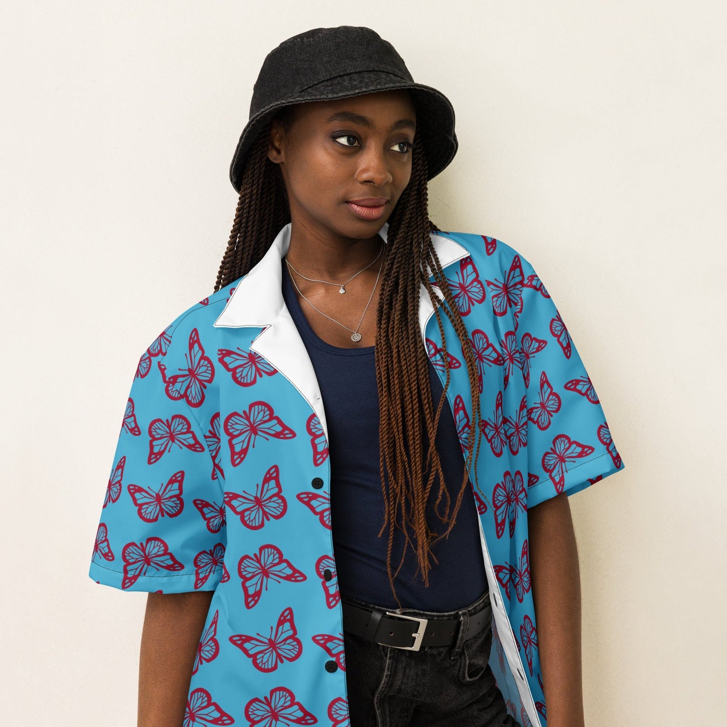 Casual Summer Shirt in sky Blue - Unisex butterfly Floral Button Down - PratSN