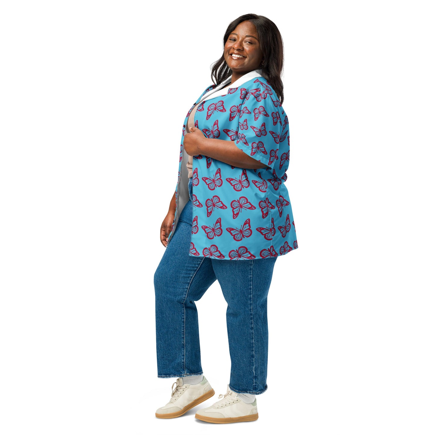 Casual Summer Shirt in sky Blue - Unisex butterfly Floral Button Down - PratSN