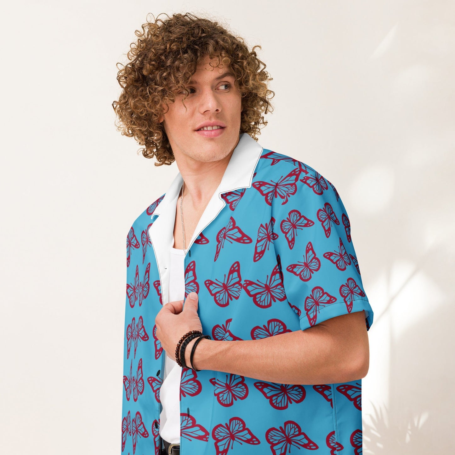 Casual Summer Shirt in sky Blue - Unisex butterfly Floral Button Down - PratSN