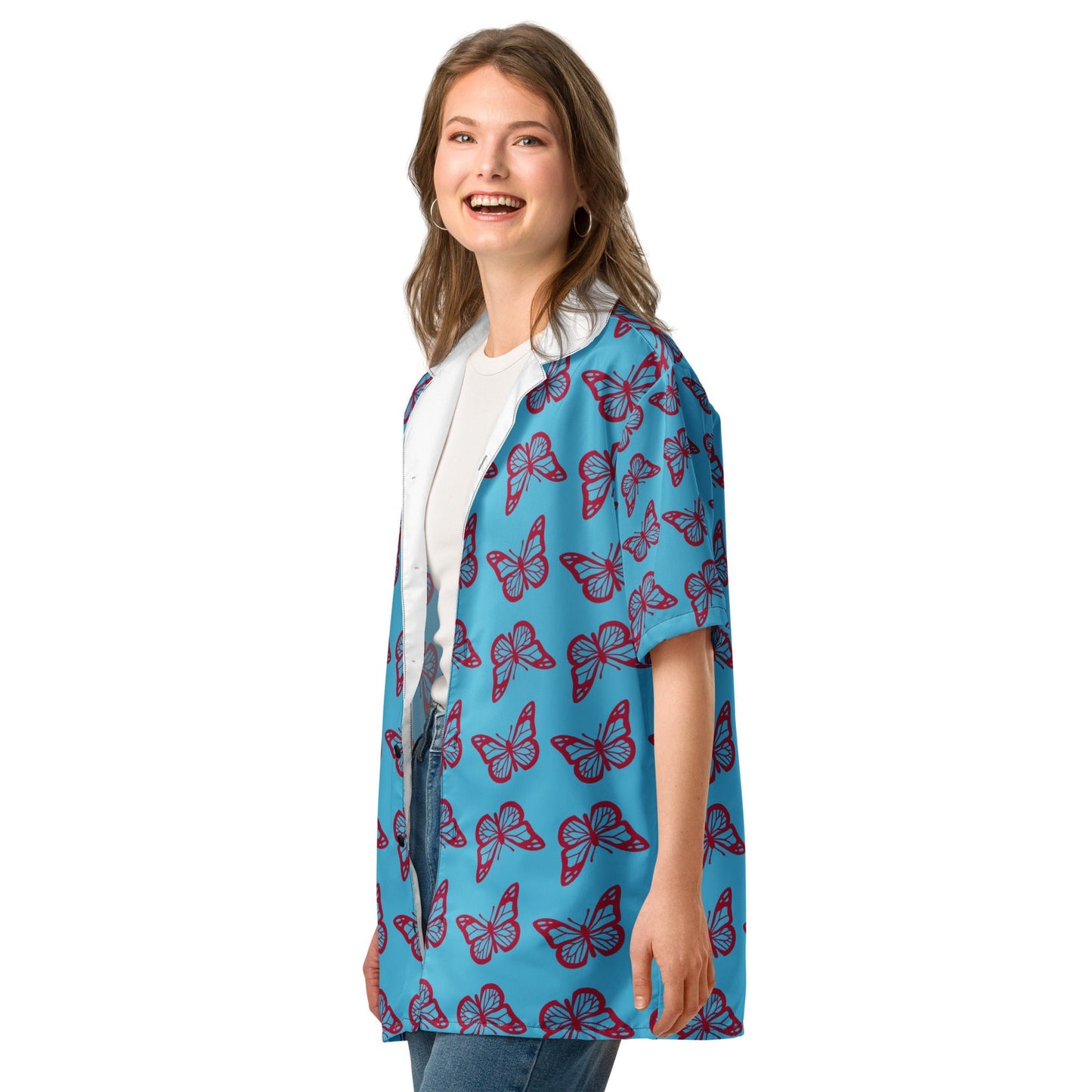 Casual Summer Shirt in sky Blue - Unisex butterfly Floral Button Down - PratSN