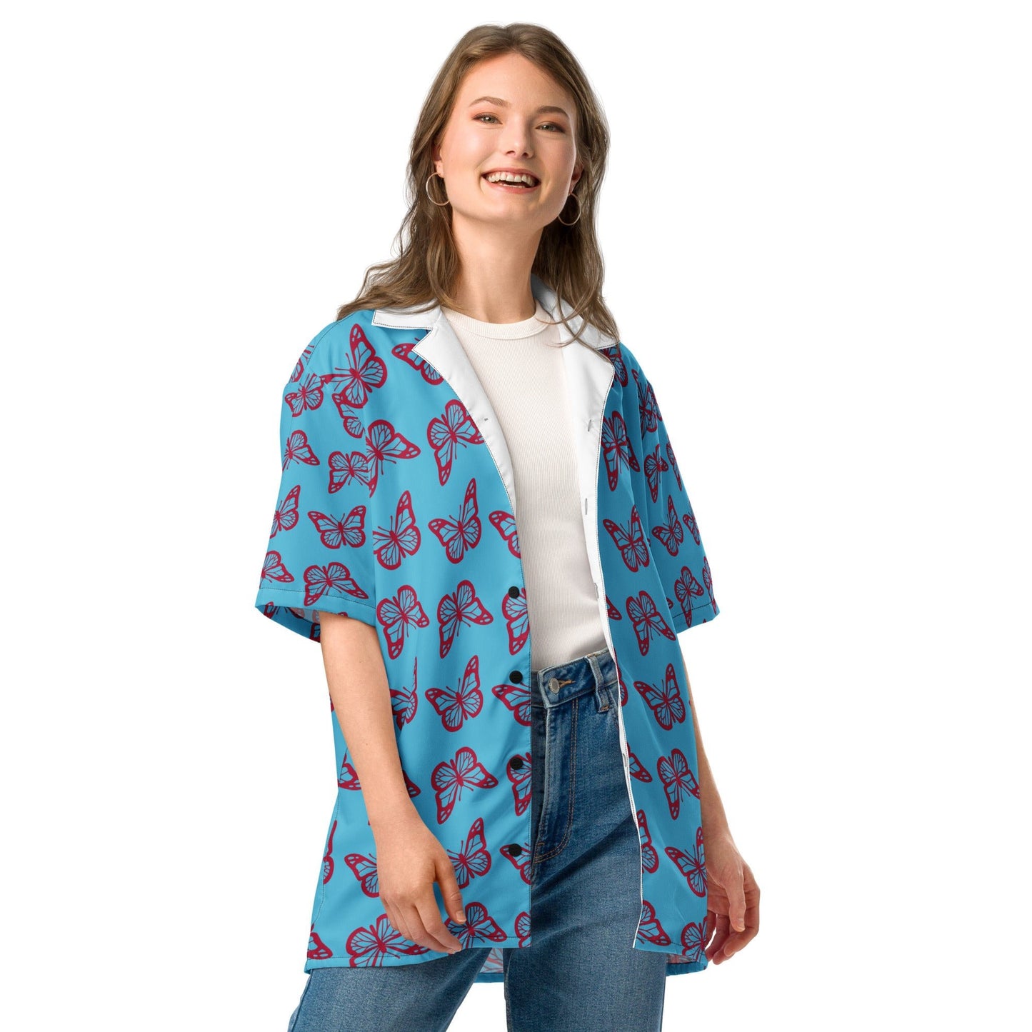 Casual Summer Shirt in sky Blue - Unisex butterfly Floral Button Down - PratSN