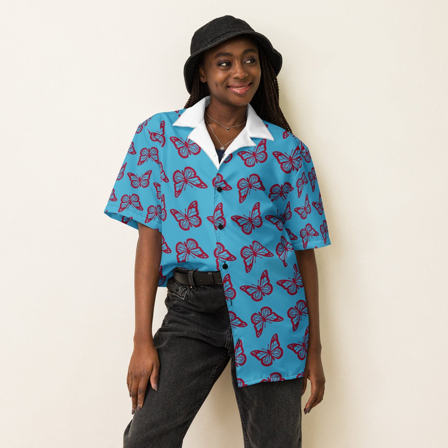 Casual Summer Shirt in sky Blue - Unisex butterfly Floral Button Down - PratSN