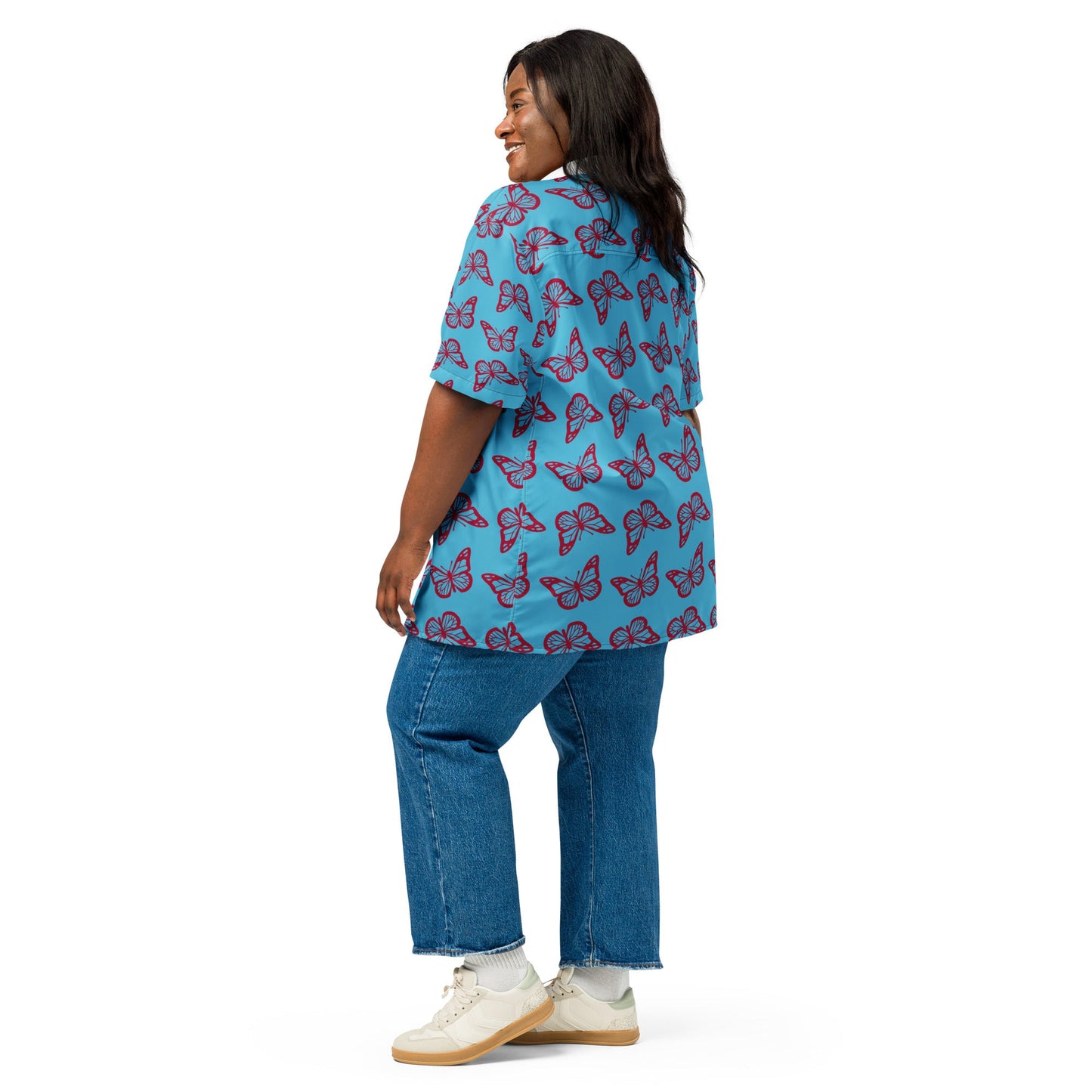 Casual Summer Shirt in sky Blue - Unisex butterfly Floral Button Down - PratSN