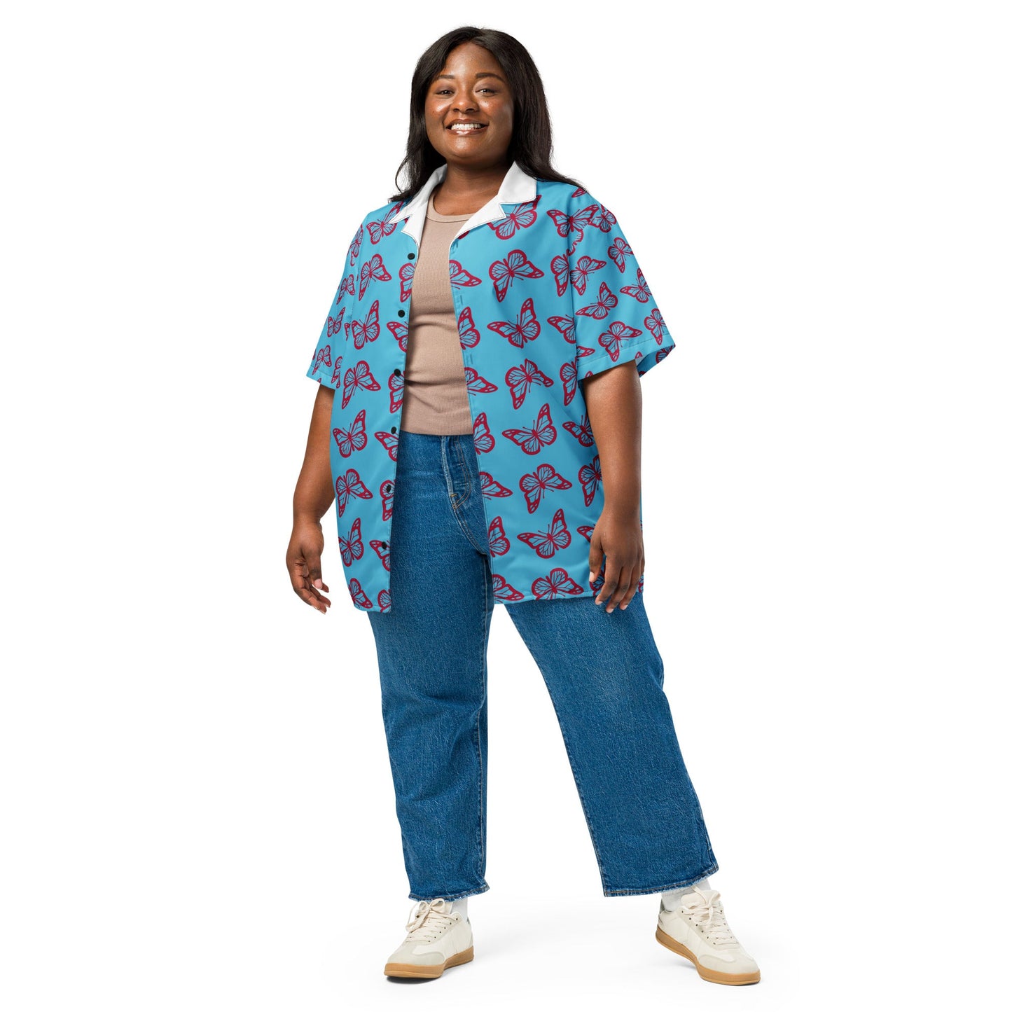 Casual Summer Shirt in sky Blue - Unisex butterfly Floral Button Down - PratSN