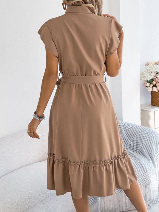 Casual Summer Woman Dress Solid Color Single Breasted Ruffle Edge Short Sleeved Dresses With Belt Khaki Blue Green - PratSN